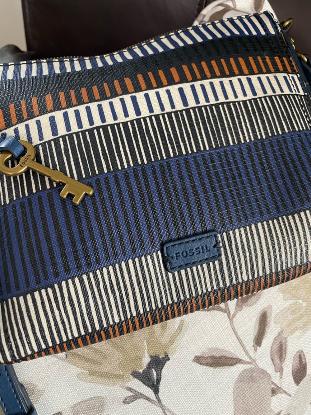 Fossil Striped Navy, White & Rust Crossbody with Key Charm